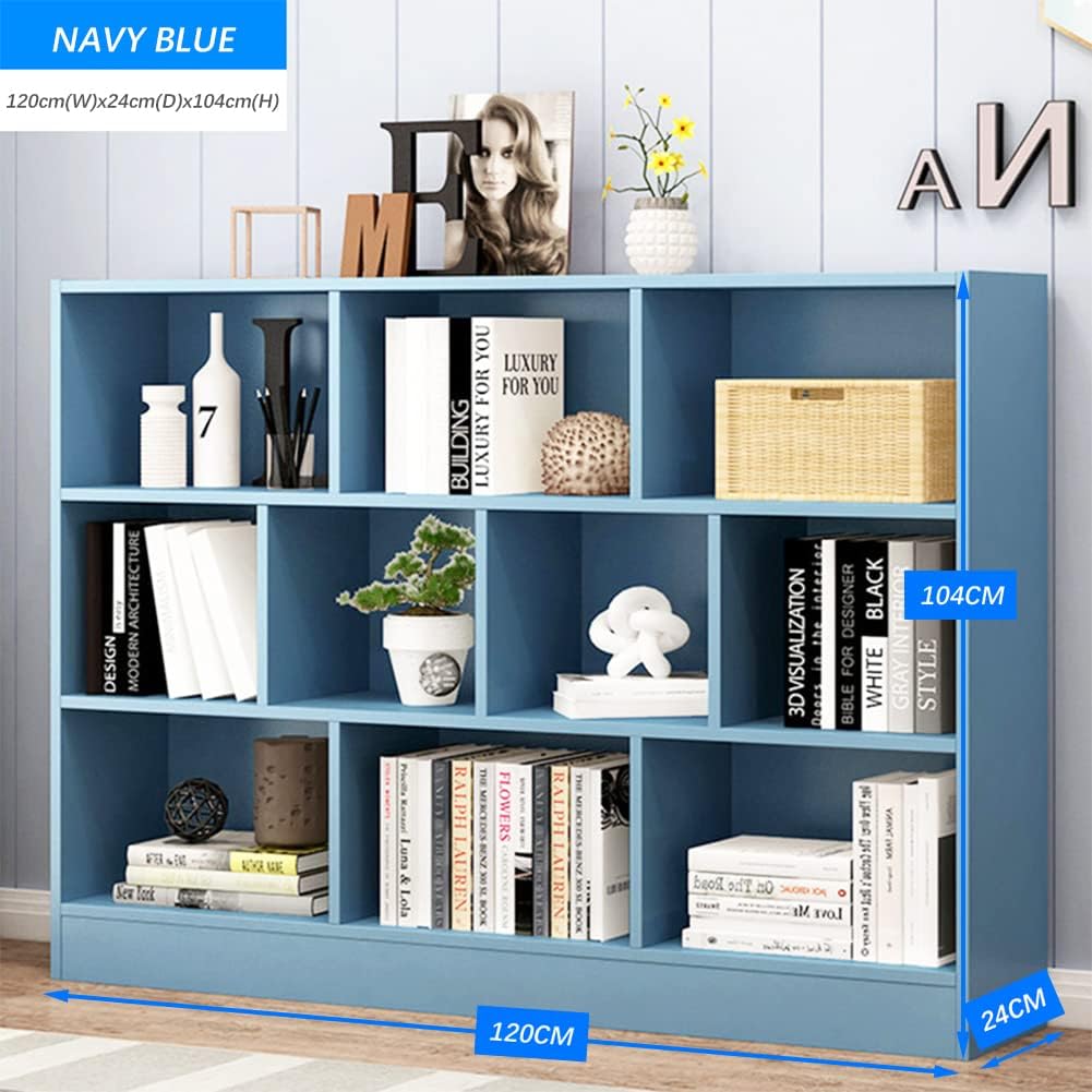 IOTXY Open Shelf Low Bookcase - Wooden 3-Tier Floor Standing Display Cabinet Organizer with Base, 10 Cubes Short Horizontal Bookshelf in Bright Blue