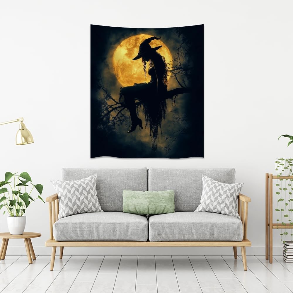 Halloween Witch Tapestry Wall Art Witchcore Moon Aesthetic Print Dark Academia Gothic Tapestries Wall Hanging Horror Ghost Halloween Party Decor for Home Living Room Bedroom 40x60inch