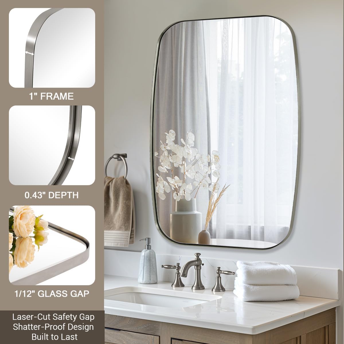 ANDY STAR Brushed Nickel Bathroom Mirror, 30x36’’ Oblong Mirror with Stainless Steel Metal Frame, Silver Oval Vanity Mirror for Over Sink, Modern Anti Rust Wall Mounted