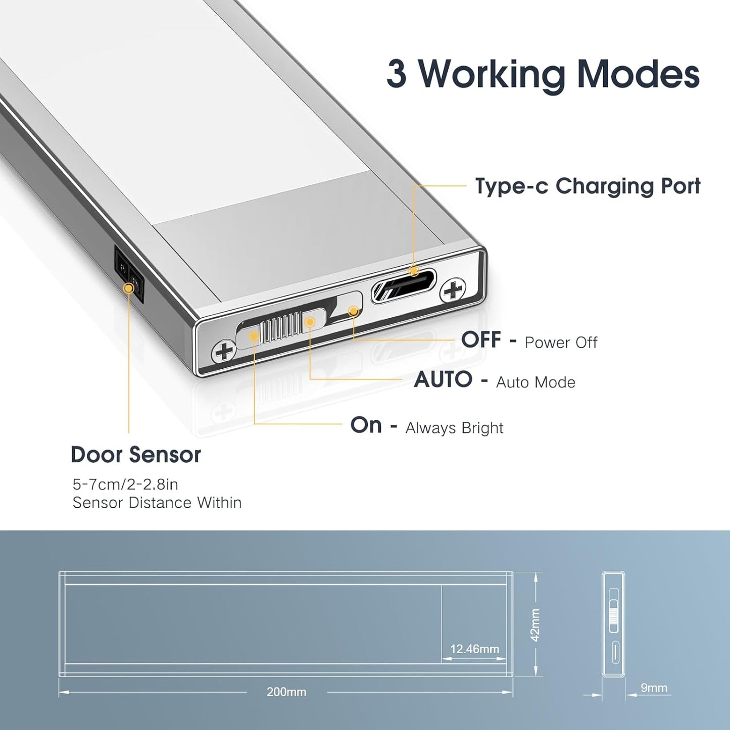 VST Rechargeable Drawer Lighting, Door Open Automatic ON/Off Light, Stick-ON LED Cabinet Light for Wardrobe Kitchen Basement Trunk Pantry Gun Safe (2 Pack, Warm Light - 3000K)