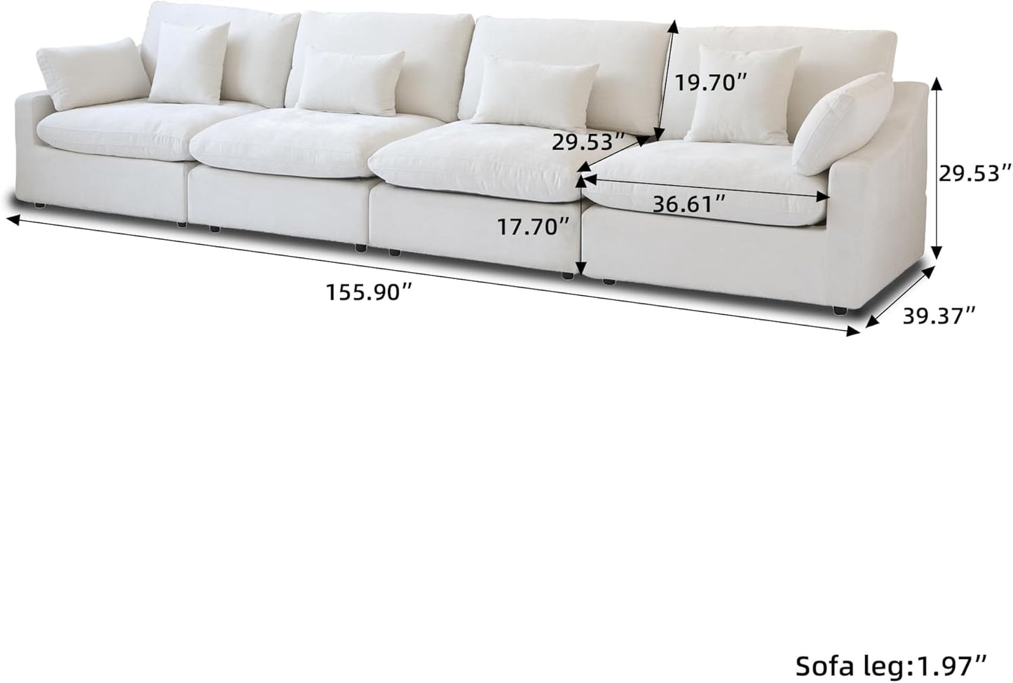 JACH Sectional Couches for Living Room, 4 Seater Cloud Sectional Couch with Deep Seat, Down Filled Modular Sofa, Covers Removeable & Washable, Sofas Furniture for Living Room, White