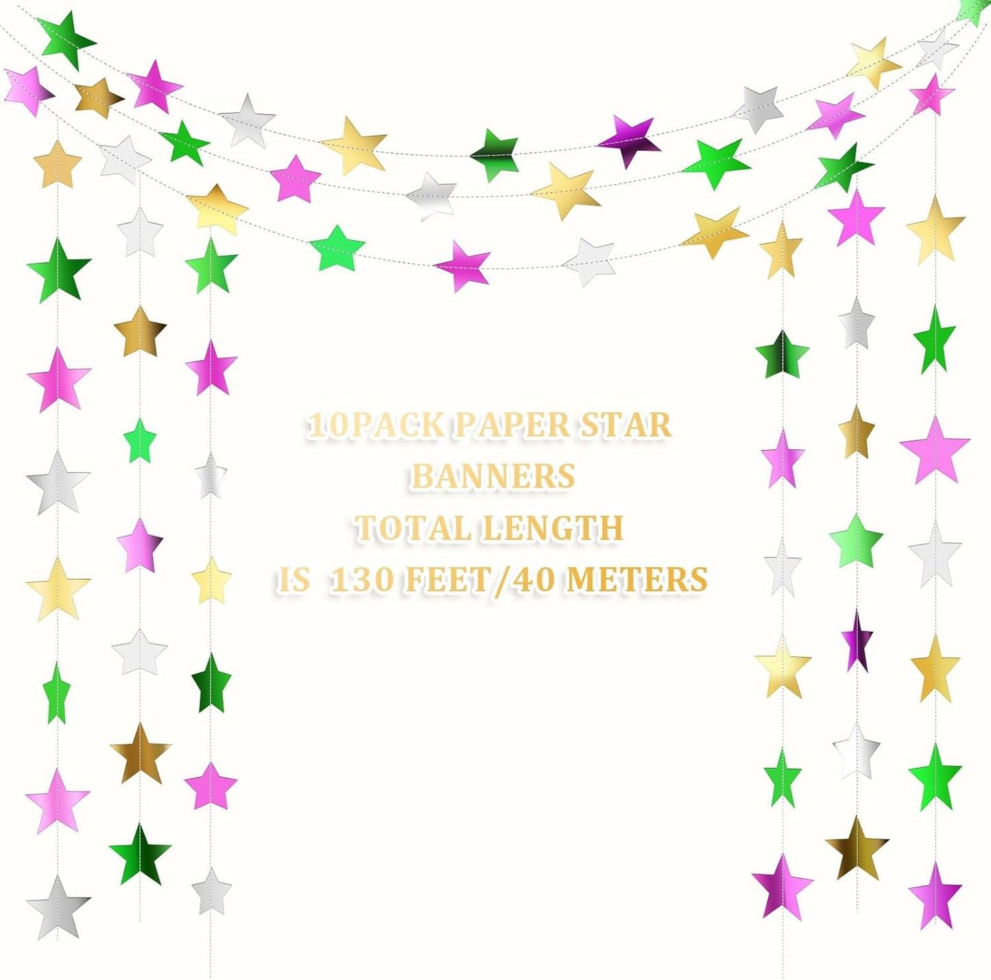 Patelai Glitter Star Garland Banner Decor 130 Feet Star Hanging Bunting Banner Twinkle Backdrop for Homecoming Classroom Wedding Birthday Halloween Christmas Party Supplies(Green,Pink,Gold,Silver)