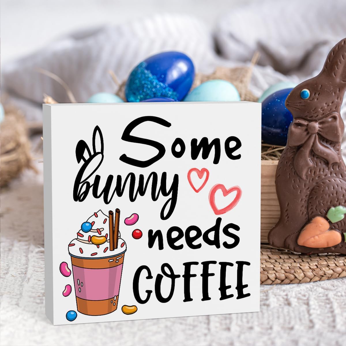 Rustic Farmhouse Easter Country Home Office Coffee Tables Desk Decor Coffee Bar Some Bunny Needs Coffee Sign Cubicle Shelf Tiered Tray Decor Gift Ideas 5 X 5 Inch