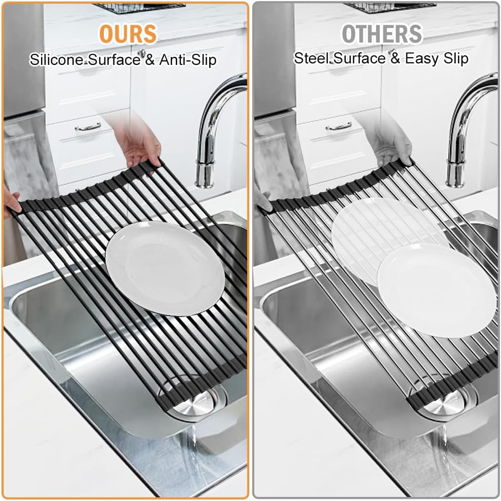 LEMIKKLE Roll Up Dish Drying Rack 17" x 13", Over The Sink Dish Drainer Rack, Foldable Sink Drying Rack, Anti-Slip Silicone Wrapped Dish Drainer for Kitchen Counter (Black)