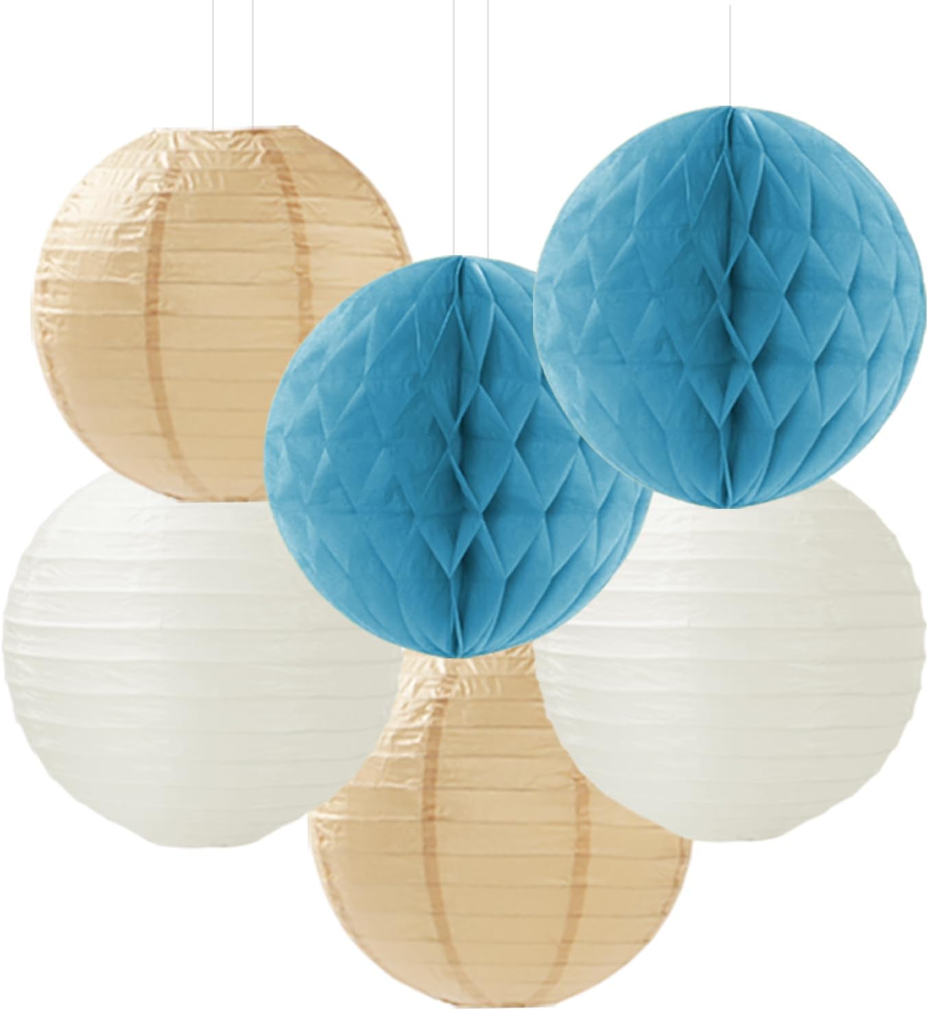 Light-Dusty Blue Beige-Champagne Boho Party-Decorations - 14Pcs Baby Bridal Shower Streamers Lanterns Honeycomb Fan,Tissue Pom Poms,Women Girls Birthday Bachelorette Wedding Backdrop Decor Ouruola