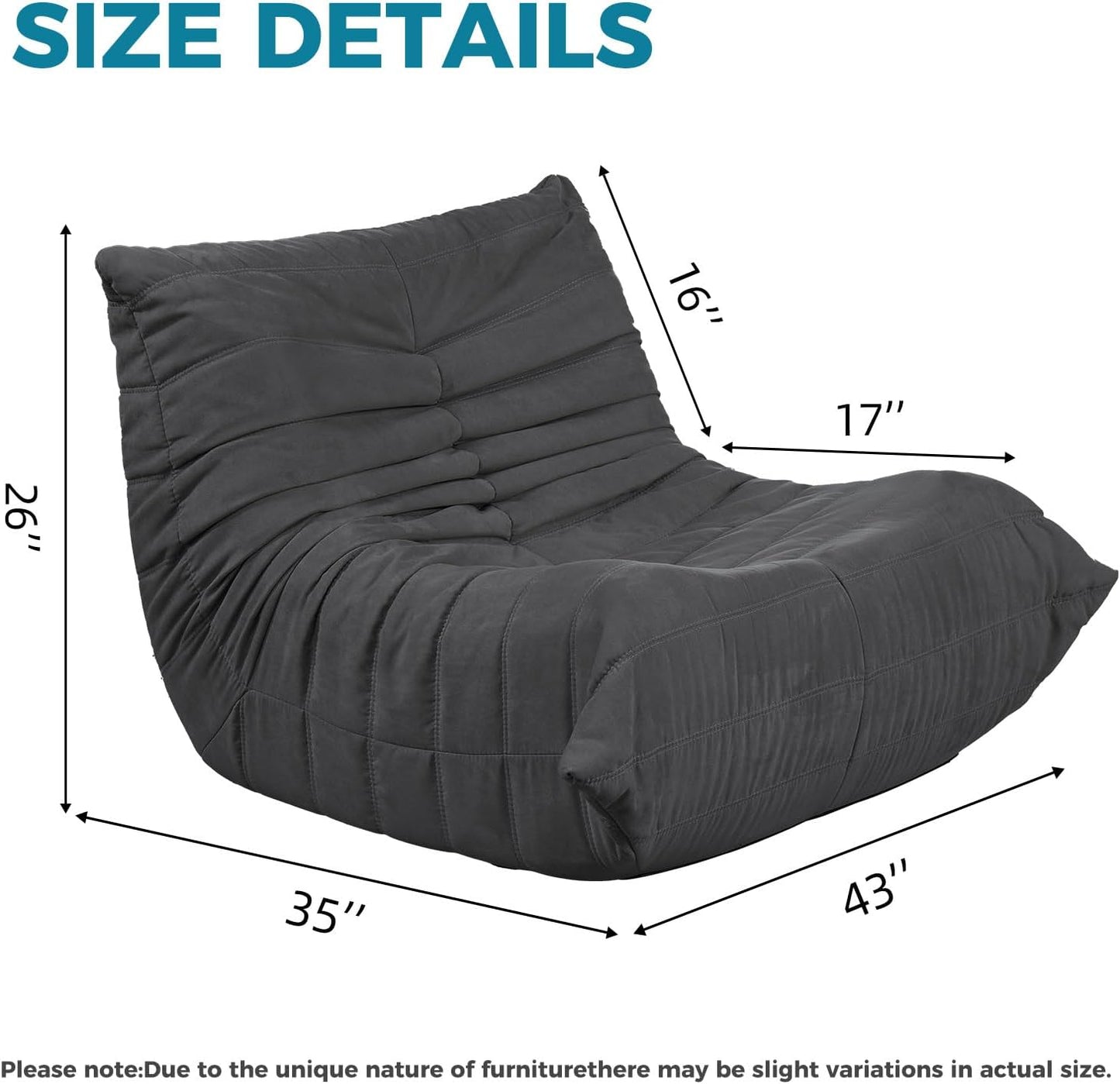 Modern Living Room Chair, Big Bean Bag Adult Floor Sofa, Togo Recliner Memory Foam Lazy Couch Suitable Balcony for Fireside Chair (Dark Grey)