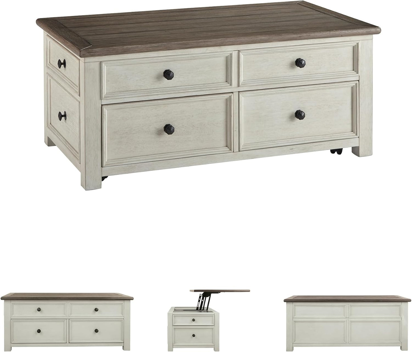 Signature Design by Ashley Bolanburg Farmhouse Lift Top Coffee Table with Drawers, Antique Cream & Brown