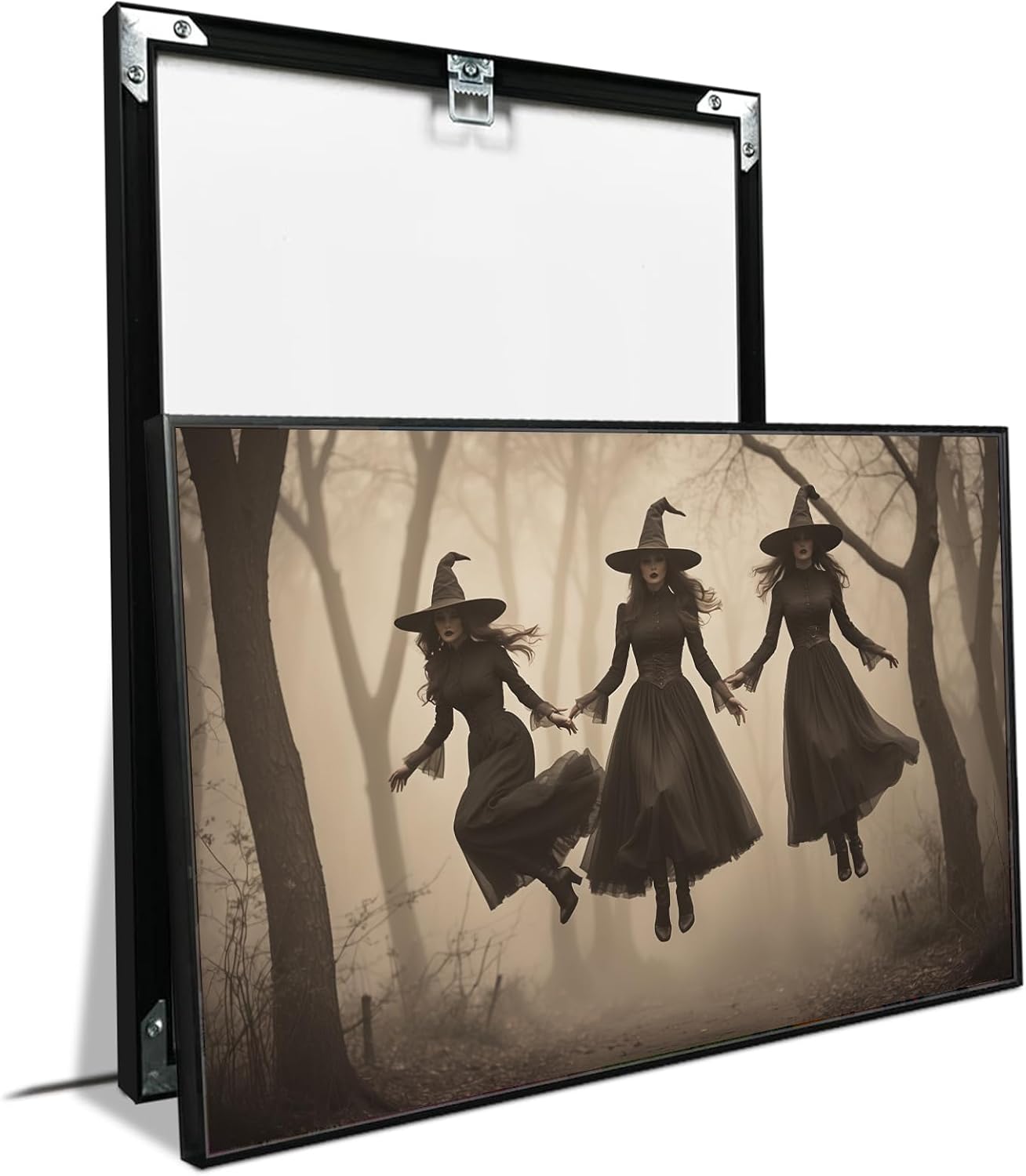 JFHCQJPK Three ghost witches flying in vintage forest gothic wall art witchcraft decoration holiday gift canvas wall art print16x24in Metal blackFramed