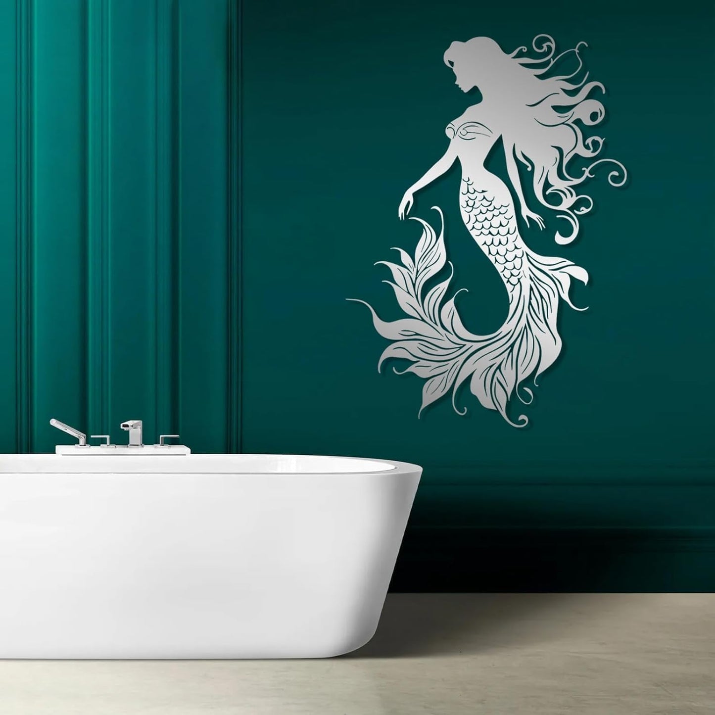 Veplsur Mermaid Metal Wall Art, Metal Mermaid Wall Decor, Marine Biology Wall Decor, Ocean Wall Art, Nautical Wall Hanging, Beach Hanging for Bathroom Bedroom (Silver, 35"x25"|90x64cm)