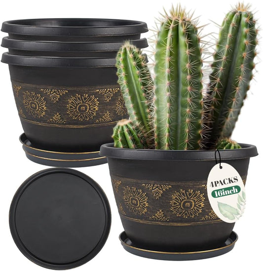 4 Pack 16 inch Plant Pots, Retro Pattern Planters with Drainage Holes and Saucer, Sturdy Plastic Garden Flower Pots for Indoor & Outdoor Plants