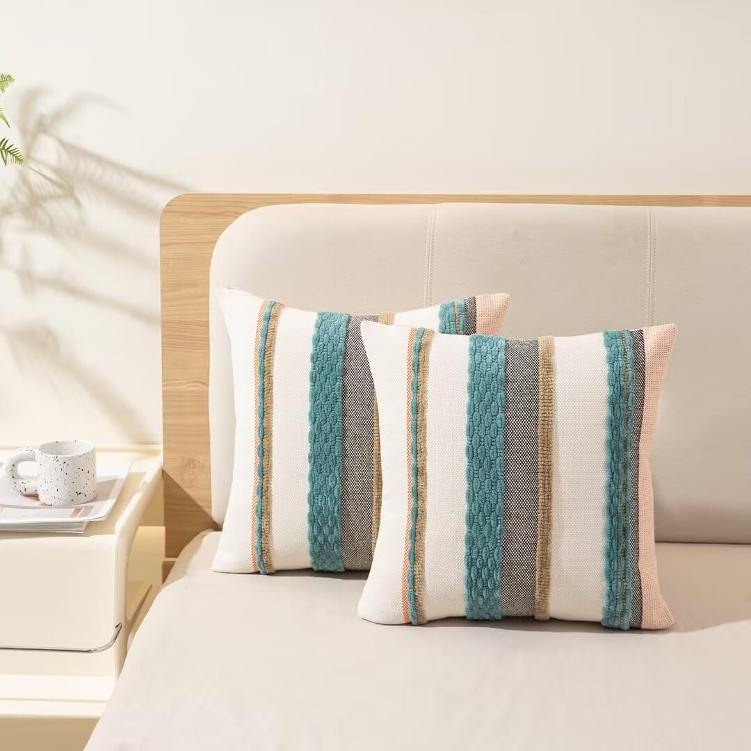 Boho Throw Pillow Covers 18x18 Set of 2 Farmhouse Decorative Cushion Case Striped Square Pillows Cover Chenille Pillow Cases Accent Neutral Pillowcase for Sofa Couch Bed,Blue