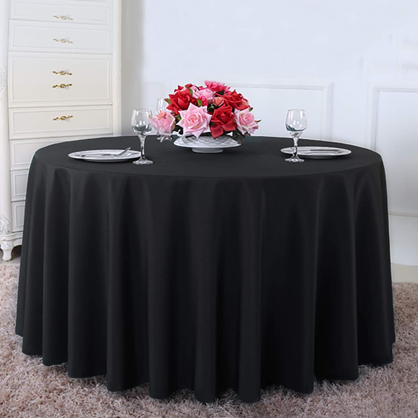 Surmente Black Tablecloth for Round Tables, 108-inch Round Table Cloths for Weddings, Banquets, or Restaurants