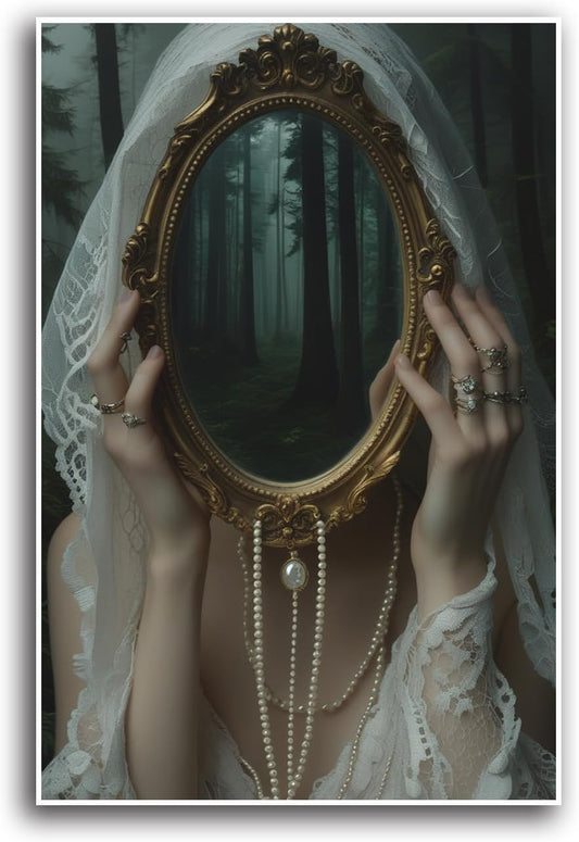 Mirror face covering dark art poster print melancholy gothic painting vintage feminine print victorian style decoration antique art16x24in Frameless