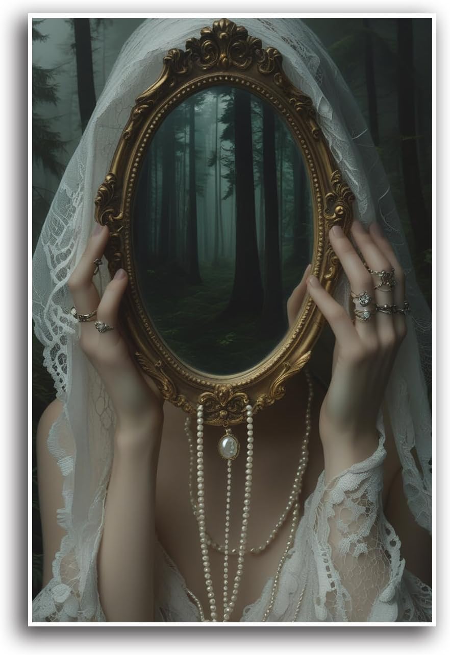 Mirror face covering dark art poster print melancholy gothic painting vintage feminine print victorian style decoration antique art28x40in Frameless