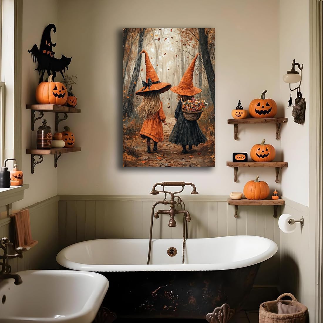 Fall Wall Art Witch Picture Decor,Little Girl Witch Halloween Wall Art, Vintage Autumn Whimsical Woodland Forest Picture, Family Room Nursery Playroom Children Room Decoration,24"x36" Unframed