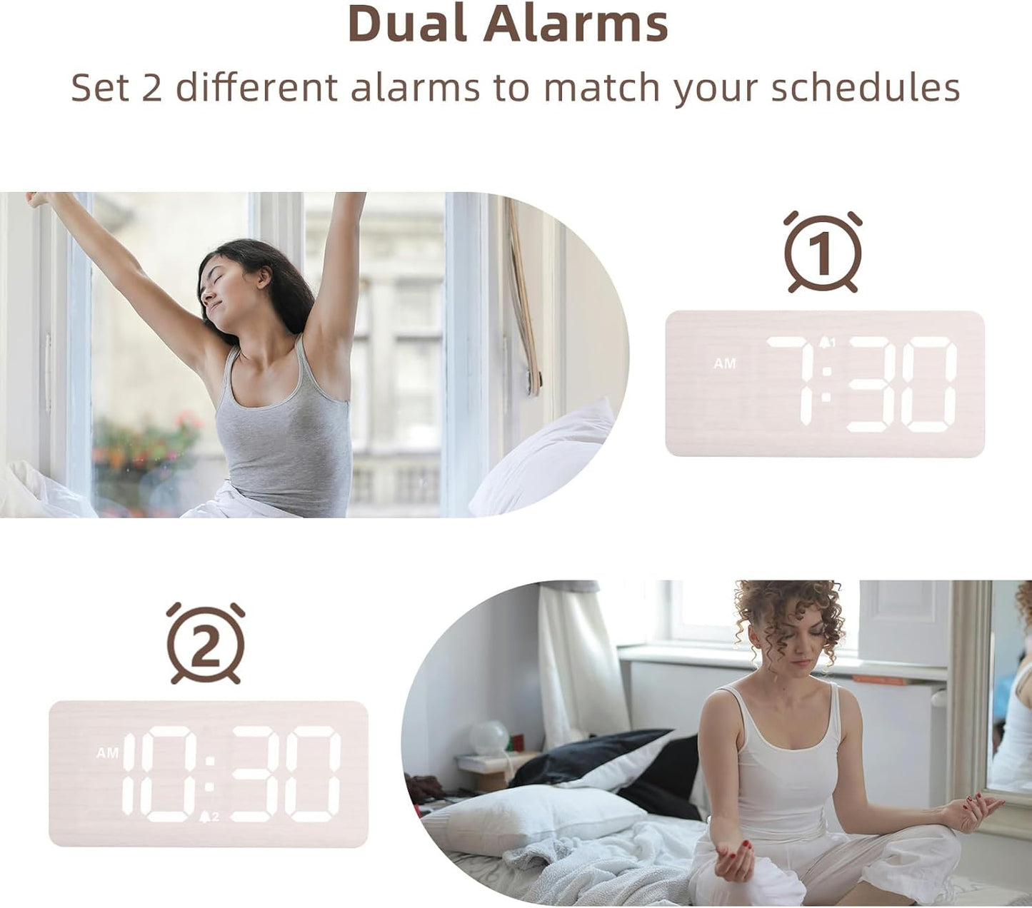 uscce Wooden Digital Alarm Clocks for Bedrooms: Dimmable Dual Alarm Clock with Large Numbers for Bedside Desk - Loud Alarm for Heavy Sleepers with Volume Control - Wood Decor & Gifts