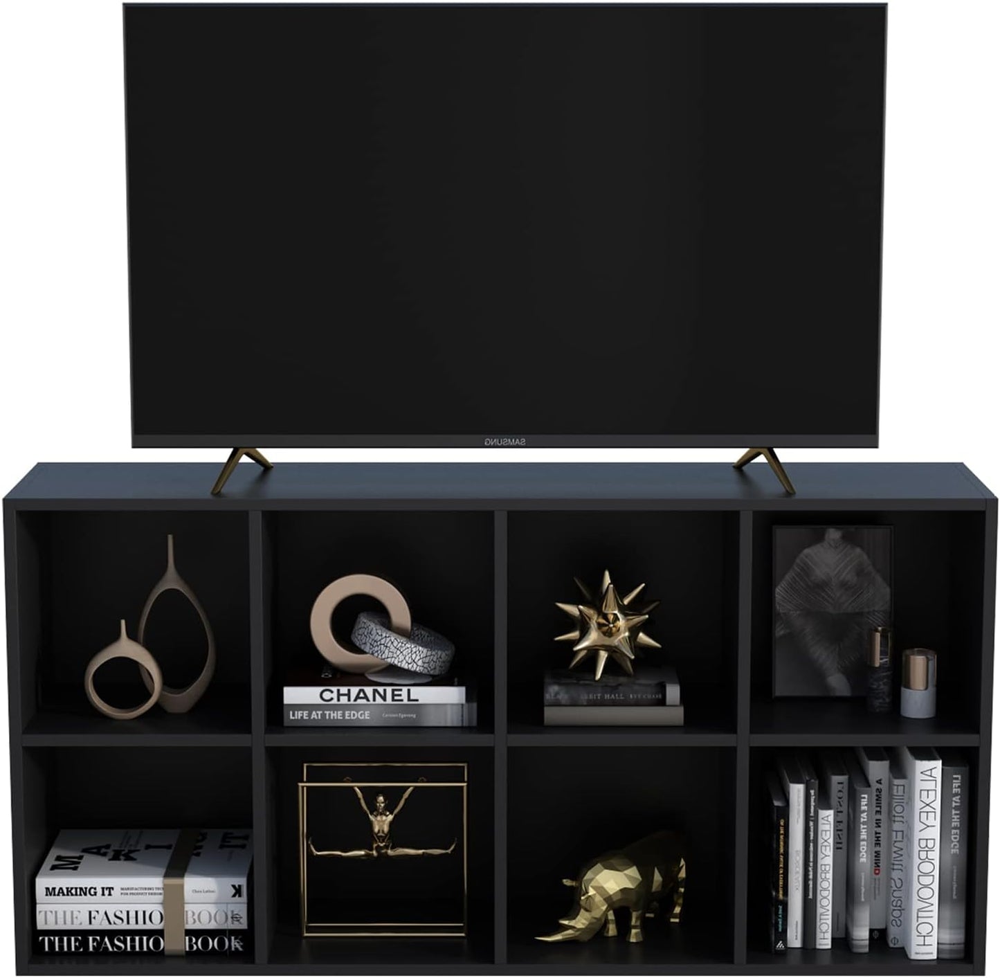 8-Cube Storage Shelf Bookcase - Wooden 4-Tier Floor Standing Open Bookshelf, Modern TV Stand up to 55 Inchs for Home and Office, Black