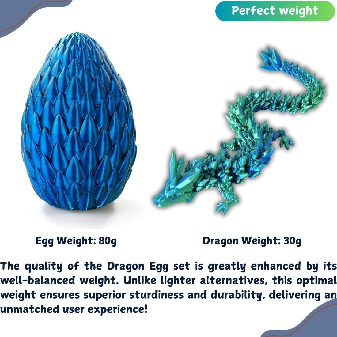POIVOCF3D Printed 12” Articulated Crystal Dragon Inside 5.1” Egg – Fantasy Collectible, Fidget Toy & Stocking Easter Basket Stuffers for Home & Office Decor (Laser Blue)