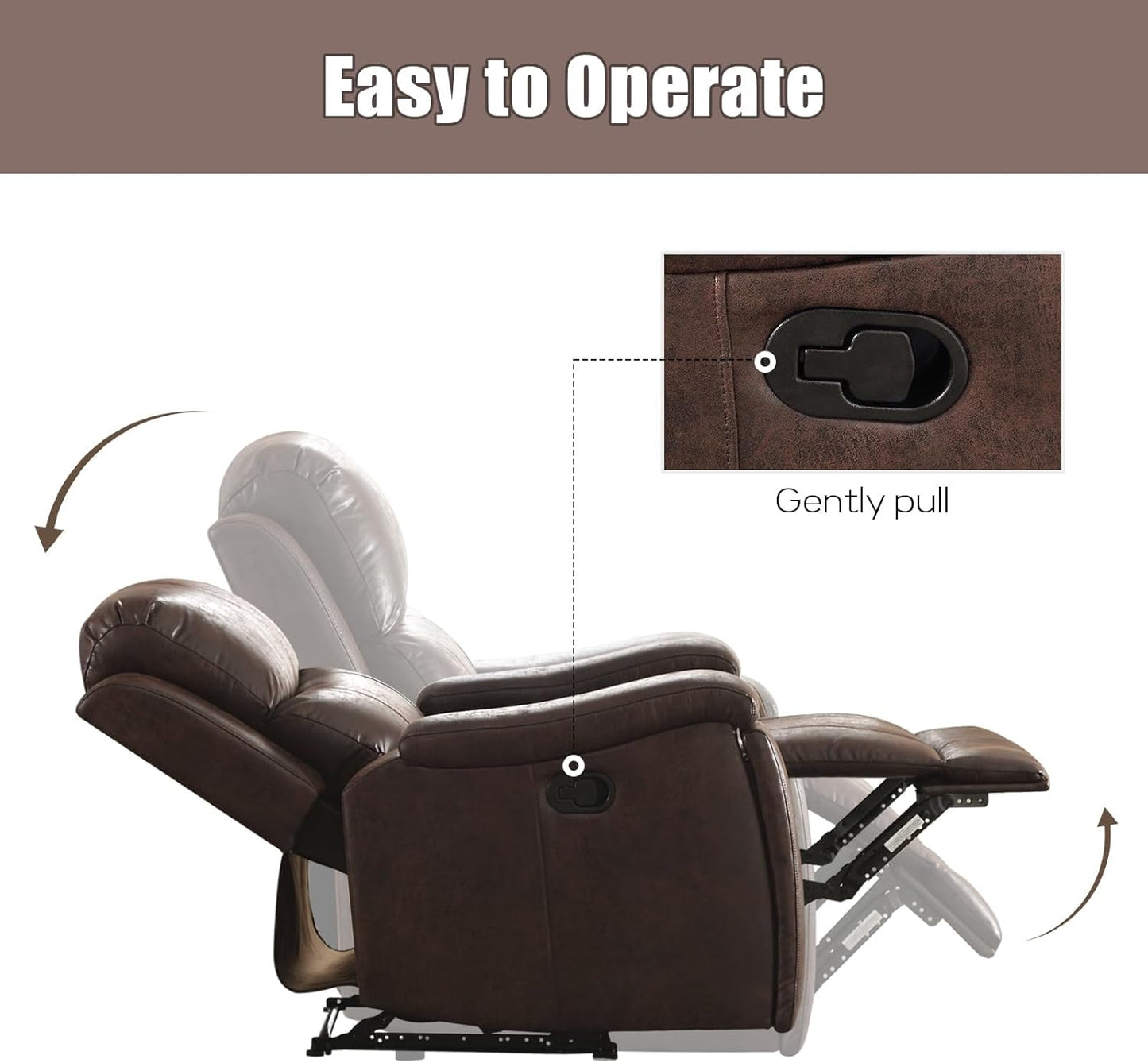 Brown Recliner Chair, Single Overstuffed Sofa Recliners, Breathable Faux Leather Manual Reclining Chairs with Hidden Cup Holder, Arm and Back for Adults, Living Room, Bedroom, Dark Brown