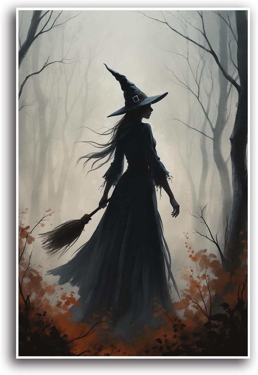JFHCQJPK Vintage forest witch silhouette poster Halloween mural poster decoration mural art magic suitable for home living room bedroom12x16in Frameless