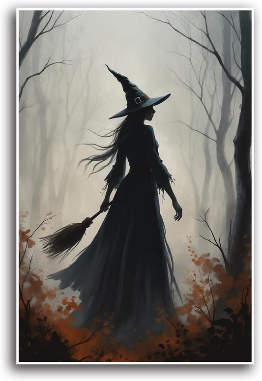 JFHCQJPK Vintage forest witch silhouette poster Halloween mural poster decoration mural art magic suitable for home living room bedroom12x16in Frameless