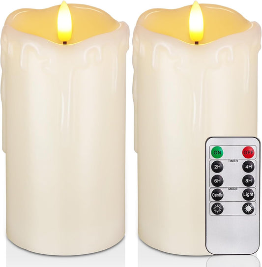 Homemory Dripping Wax Flameless Candles, Battery Operated Candles with Remote Control and Timers, LED Pillar Candles, Electric Fake Candles, 3" x 6", Set of 2