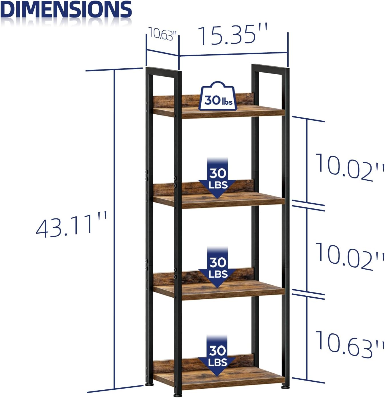 NUMENN Narrow Bookshelf, 4 Tier Bookshelves, Home Office Bookcase Shelf Storage Organizer, Free Standing Storage Shelving Unit for Bedroom, Living Room and Home Office, Vintage