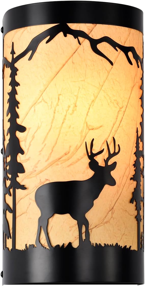 Wall Sconce Light,Deer Metal Yellow Parchment Farmhouse Wall Sconce,Rustic E26 Base Wall Mount Lamp,Vintage Matte Black Bedroom Wall Lights,Indoor Wall Lamps for Living Room,Hallway,Porch