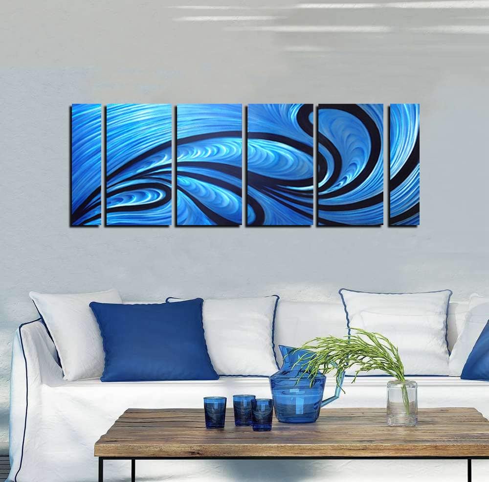 Unique Metal Wall Sculpture, Metal Wall Art with proud as a peacock design, Abstract Blue and Black Modern and Contemporary Décor, Aluminum Artwork, Indoor and Outdoor decoration, 6 panels 64"Wx24"H