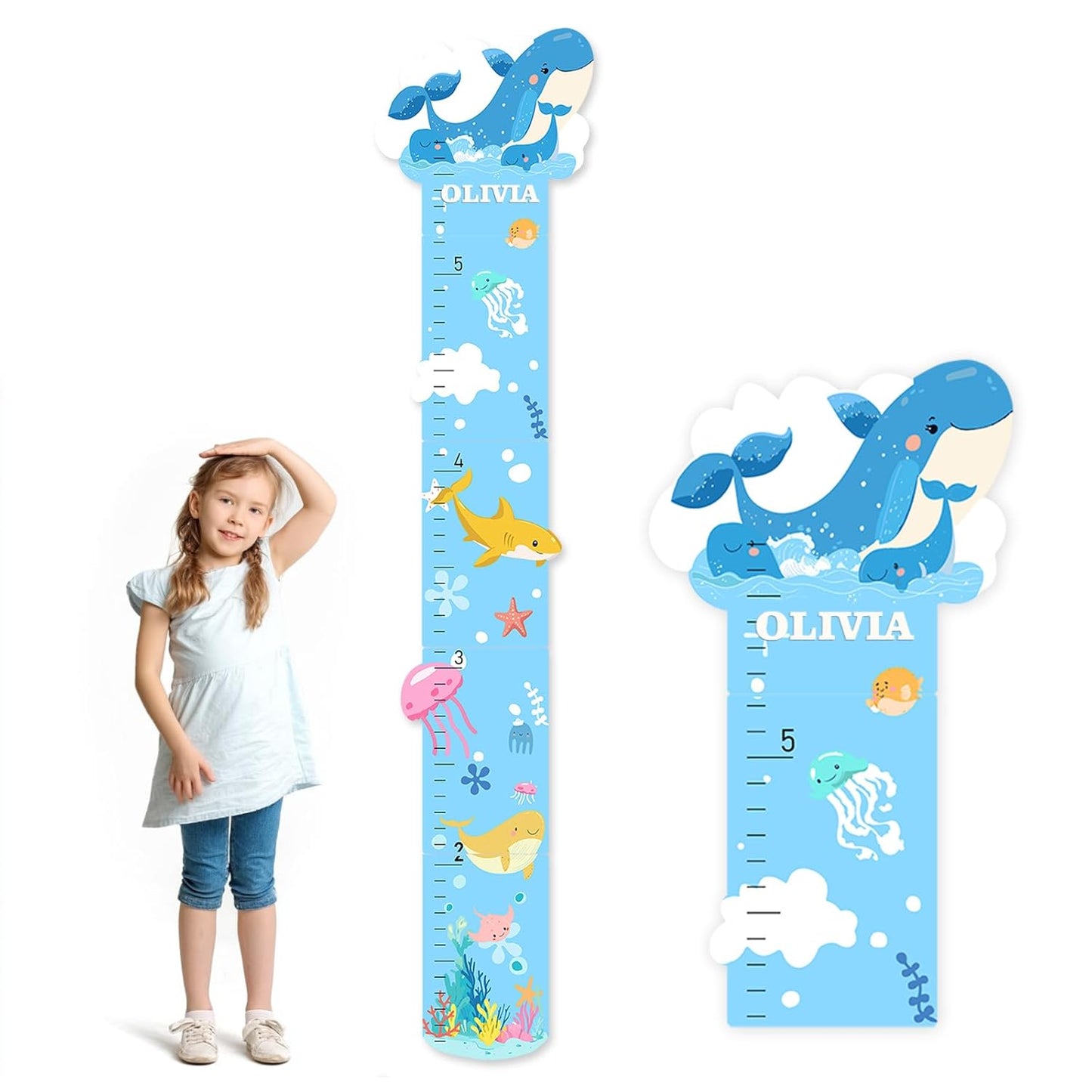 Personalized Name Growth Chart, Marine Animals Wooden Growth Chart for Kids, Height Chart for Boys Girls, Measuring Board for Kids Height for Child's Room, Nursery Decor Decoration