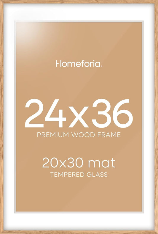 Homeforia 24x36 Poster Frame Wood, High End Natural Oak 24 x 36 Large Picture Frame with Mat 20 by 30, 24x36 Light Wooden Frames Matted to 20x30 Photo, 36x24 Frames, Tempered Glass, Wall Kit, Set of 1