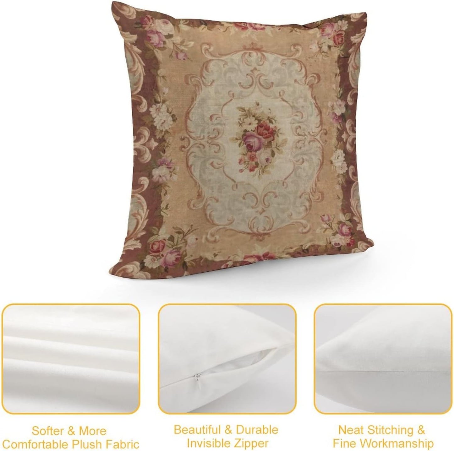 RURALS Antique Rose Floral French Aubusson Rug Decorative Pillow Covers Cozy Soft Throw Pillowcase Square Couch Cushion Cover for Home Decor Sofa Living Room Bed Car 18x18 Inch