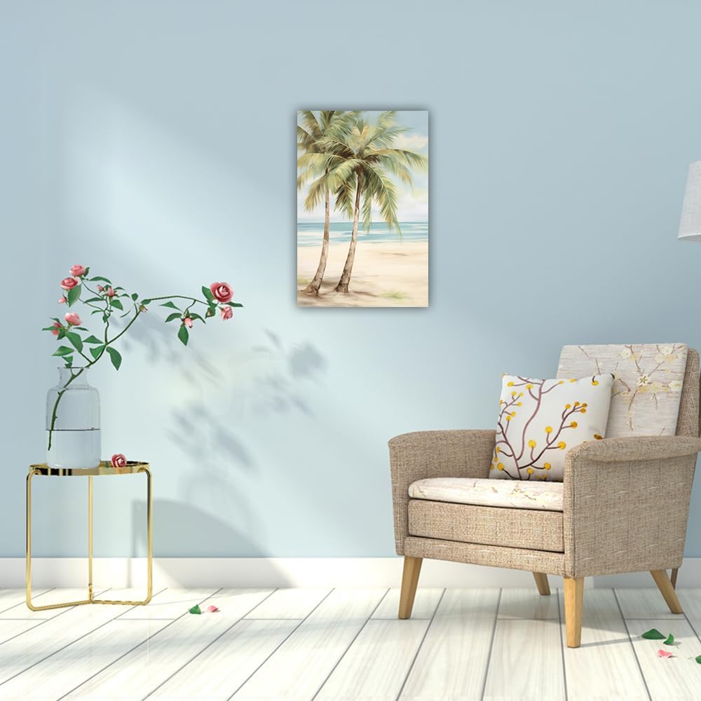 LURENCZH Tropical Beach Canvas Wall Art Seaside Palm Tree Picture Wall Decor Ocean Scenery Painting Prints for Bathroom Decor Framed(Beach-2,12.00" x 18.00")