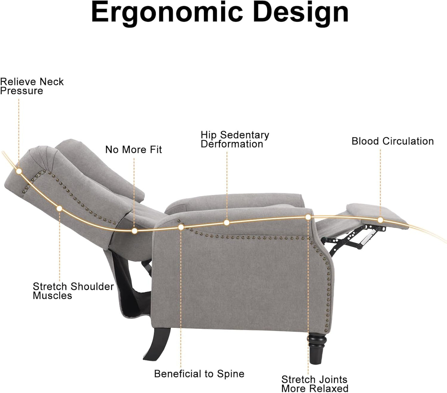 EBELLO Pushback Recliner Chair, Fabric Armchair Push Back Recliner with Rivet Decoration, Mid Century Wingback Accent Chair for Living Room, Bedroom, Grey