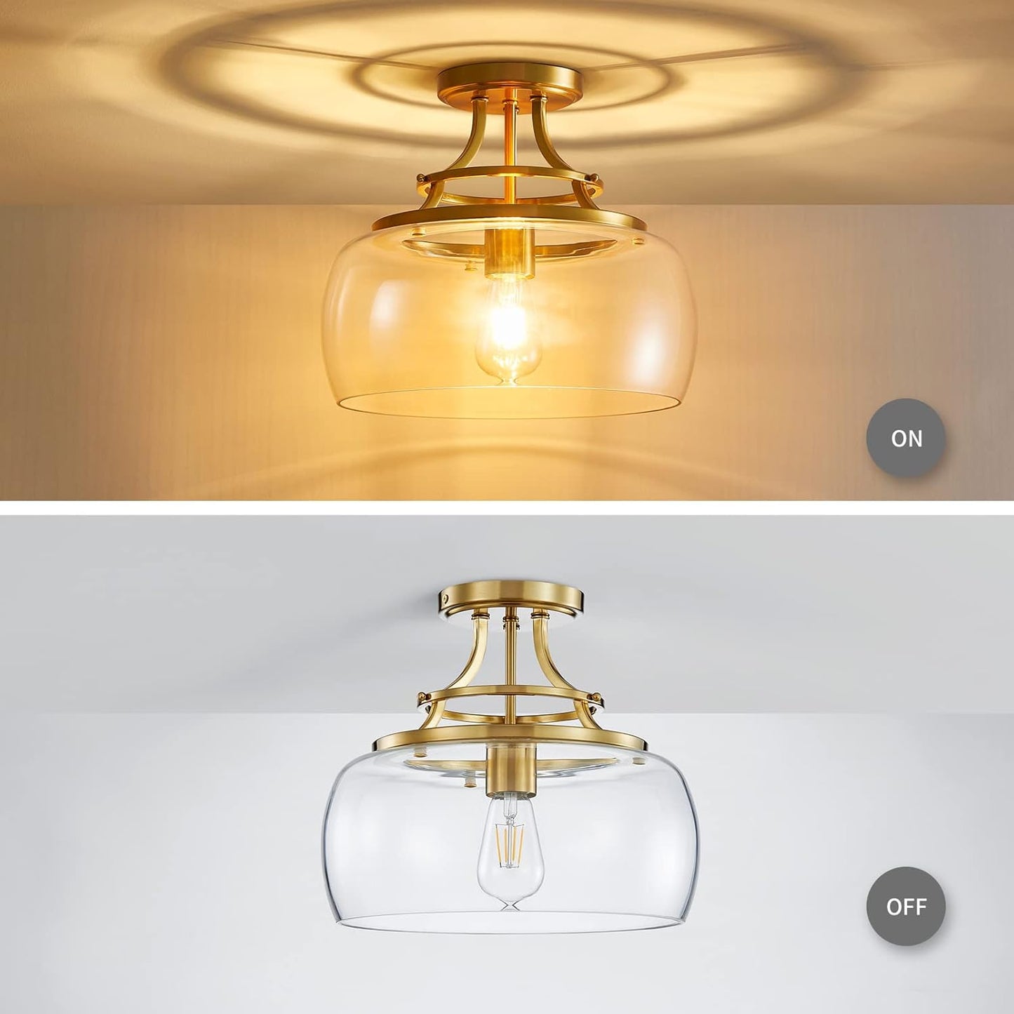 WUZUPS Chandelier Rustic Farmhouse Industrial Round Semi-flushmount Ceiling LED Light Fixture with Clear Glass Shades for Bathroom Kitchen Foyer Entryway, H 11.8" x W 13.4", E26 Base, Brushed Gold