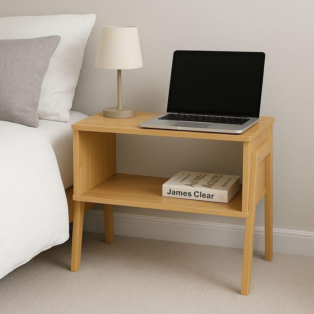 Bamboo End Table for Living Room – Low Side Table with Storage Shelf, Minimalist Accent Table with Natural Wood Finish, Small Modern Nightstand for Sofa or Couch Side