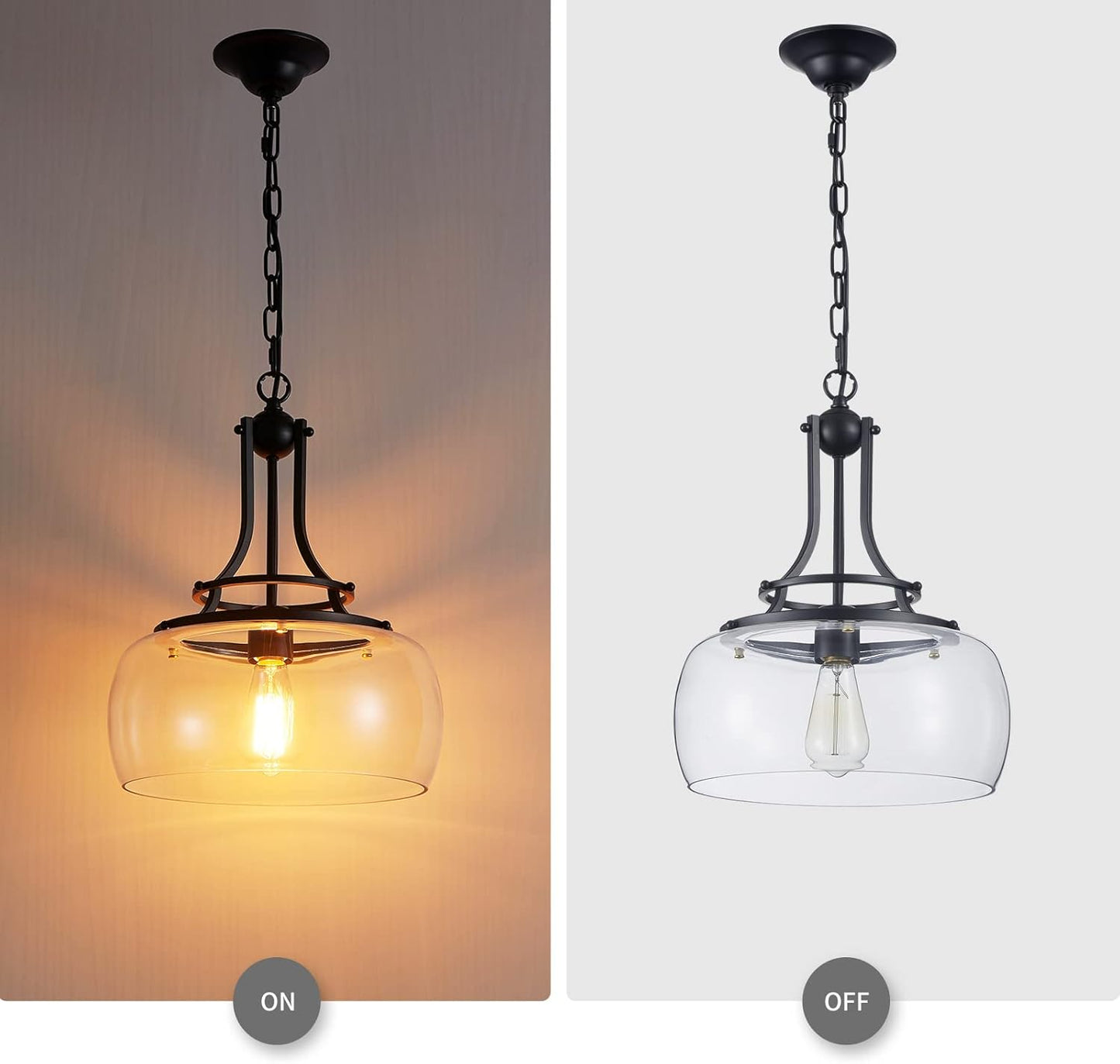 WUZUPS Chandelier Rustic Farmhouse Industrial Round Ceiling Pendant LED Light Fixture with Clear Glass Shades for Dining Room Kitchen Island Foyer Entryway, H 17" x W 13.4", E26 Base, Black