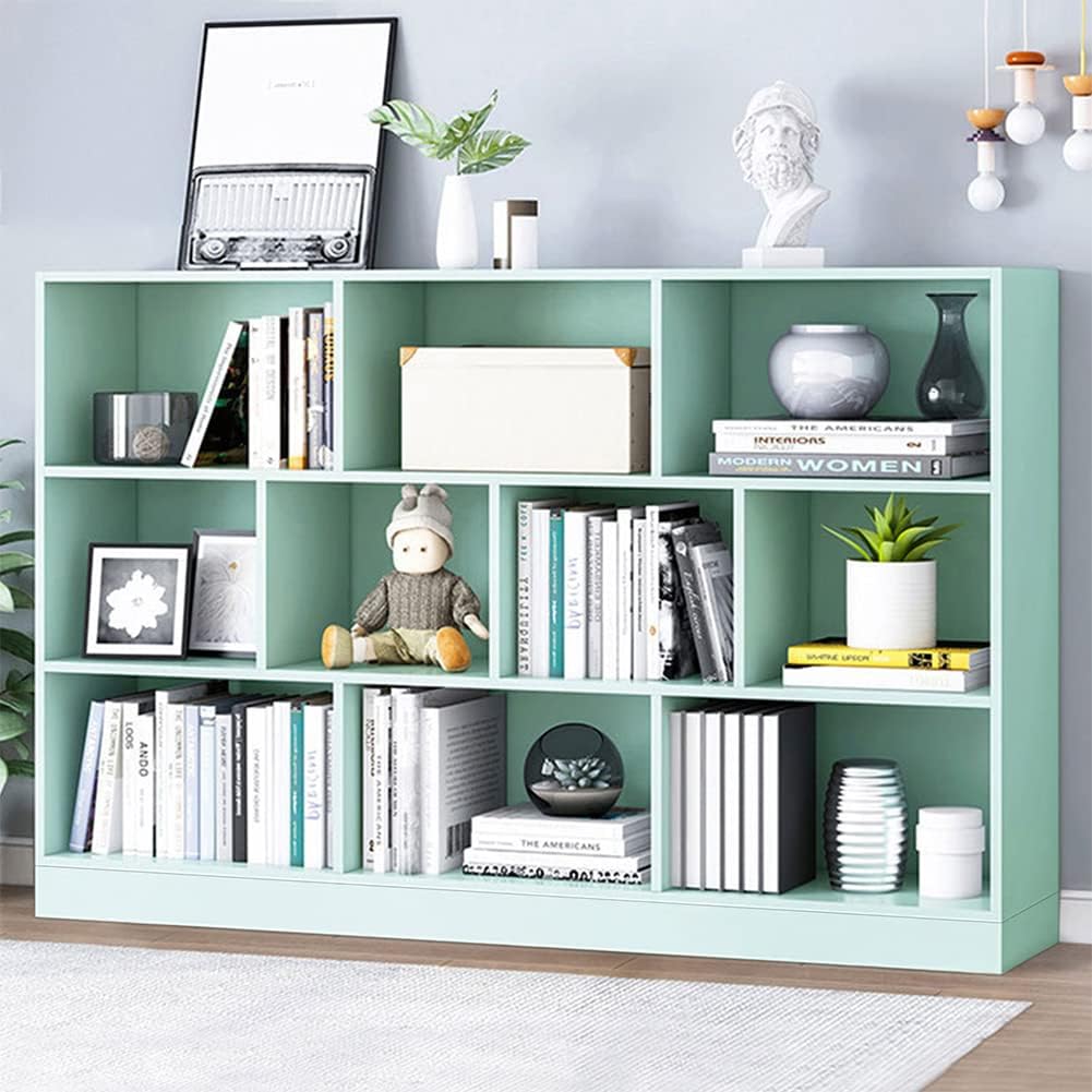 IOTXY Open Shelf Low Bookcase - Wooden 3-Tier Floor Standing Display Cabinet Organizer with Base, 10 Cubes Short Horizontal Bookshelf in Tiffany-Green