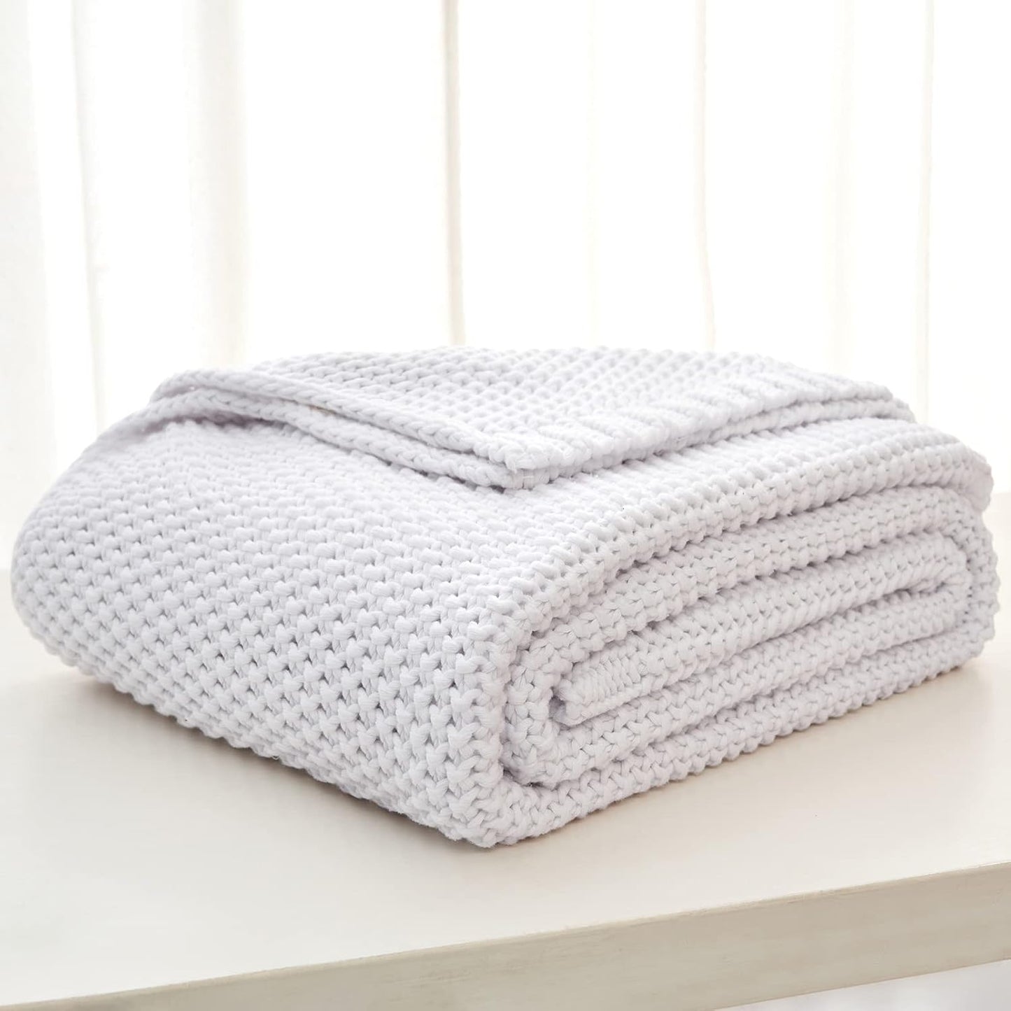 Chunky Cable Knit Throw Blanket Lightweight White 100% Organic Cotton Blanket for Sofa Couch Bed Baby Nursery, Rustic Shabby Chic Modern Farmhouse, Pure White 51” x 63” Give Laundering Bag