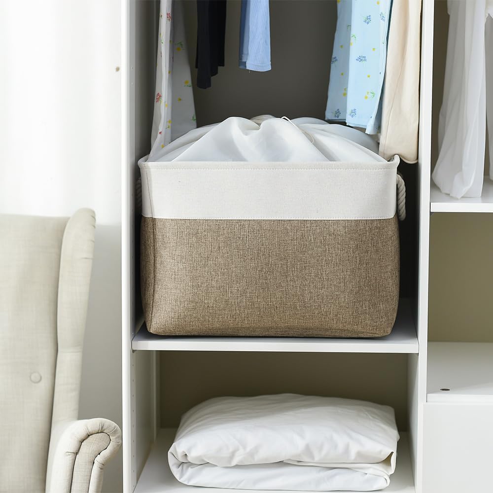 TheWarmHome Organization Basket - 20x16x14 inch Jumbo 3 Pack Collapsible Storage Bins for Shelves, Fabric Storage Cubes for Closet Organizer Gift Toy (White & Khaki)