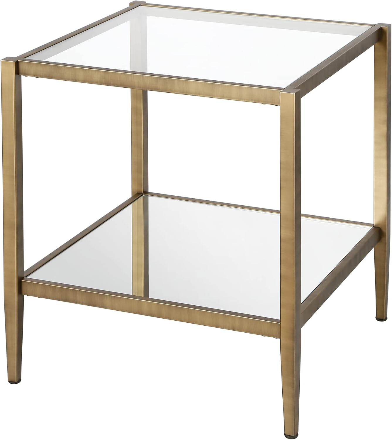 Henn&Hart 20" Wide Square Side Table with Mirror Shelf in Brass, Table for Living Room, Bedroom