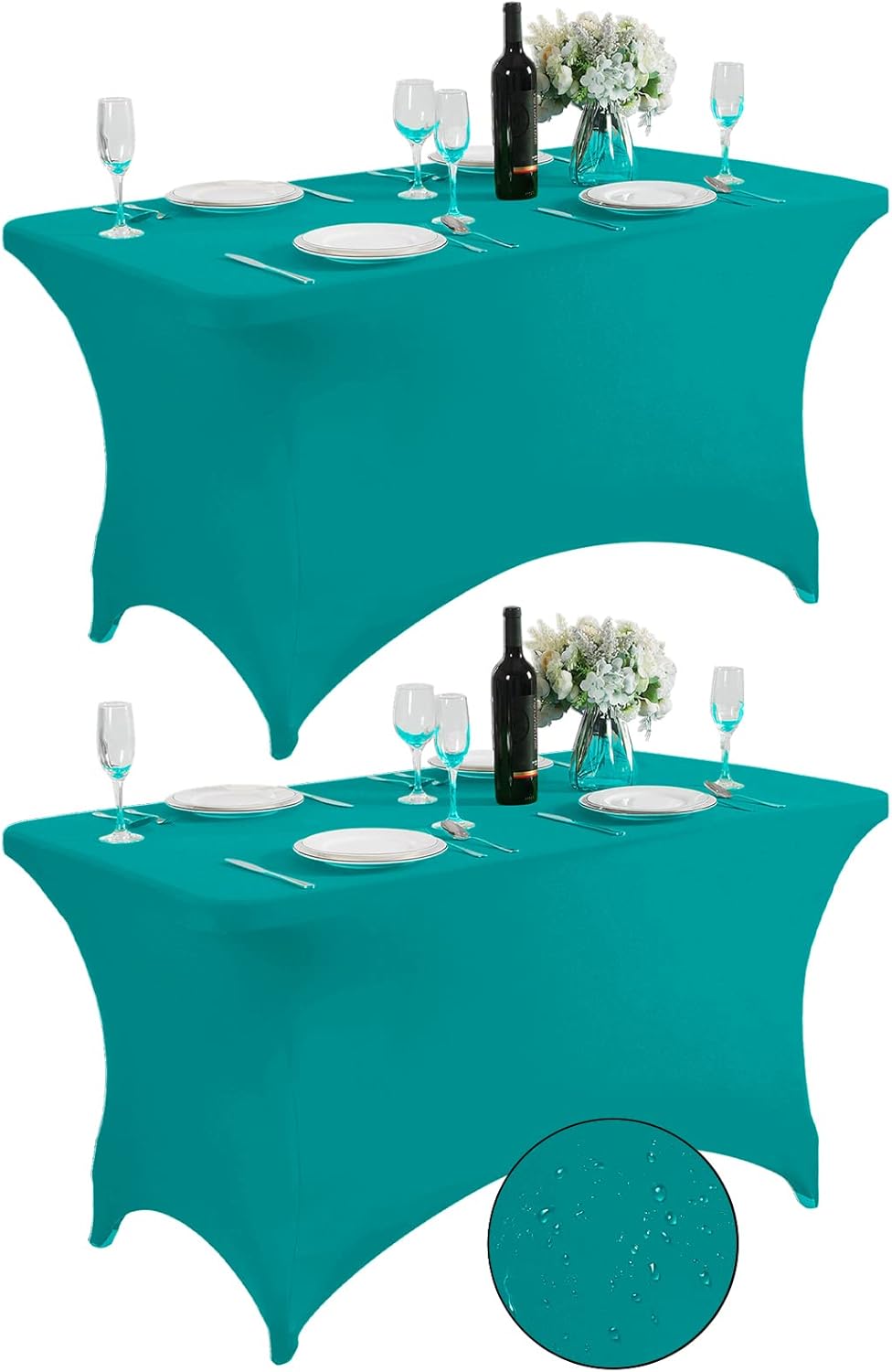 SuperO 2Pack Waterproof Spandex Table Cover for 4FT Table Universal Fitted Stretch Tablecloth for Party, Banquet, Wedding and Events-Turquoise