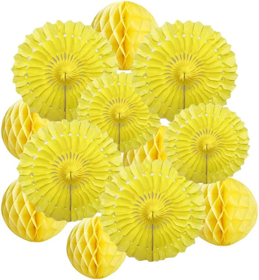 12pcs 6’’ 8’’ Honeycomb Balls Tissue Paper Fans Party Honeycomb Ball Fans Wall Tissue Pom Poms Flower Balls Hanging Paper Fans for Party Baby Shower Birthday Wedding Nursery Wall Decor(Yellow kit)