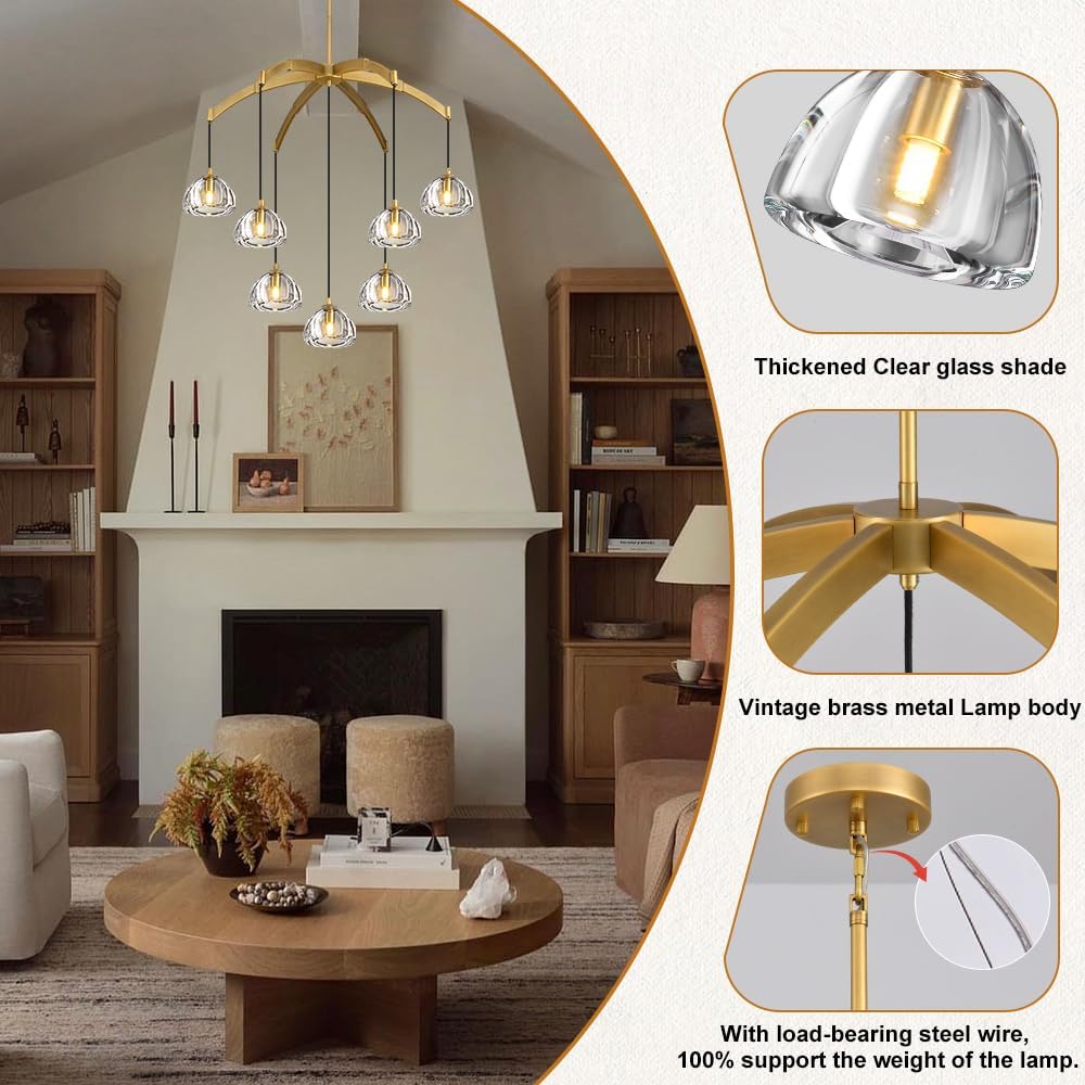 Modern Gold Chandelier, 34 inch Crystal Chandeliers for Dining Room (7-Light), Elegant Decoration Light for Living Room, Foyer Brass Chandeliers