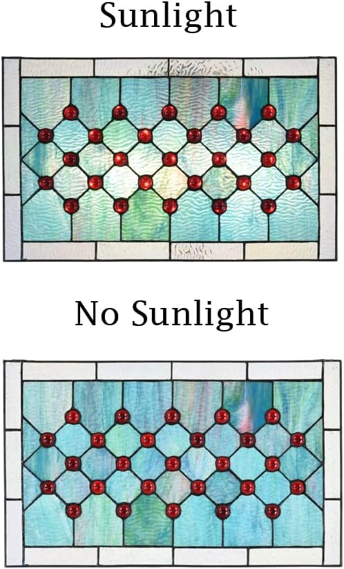 Tiffany Stained Glass 19.25" x 11.75" Window Panel, 100% Genuine Stained Glass and Cabochon, Handcrafted 73 Pieces, 9.25 by 11.75-inch, Hanging chain included, Blue/Green.