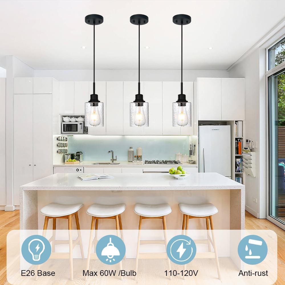 Modern Farmhouse Mini Chandeliers 3 Pack Black Pendant Lights Kitchen Island with Seeded Glass, Dining Room Lighting Fixtures Hanging Ceiling for Sink Bar Hallway Porch Corridor Bedroom