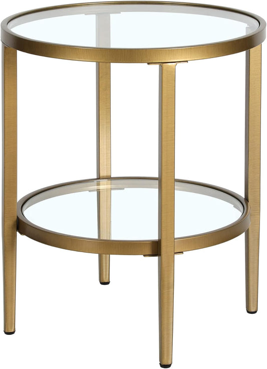 Henn&Hart 20" Wide Round Side Table with Glass Shelf in Antique Brass, Table for Living Room, Bedroom