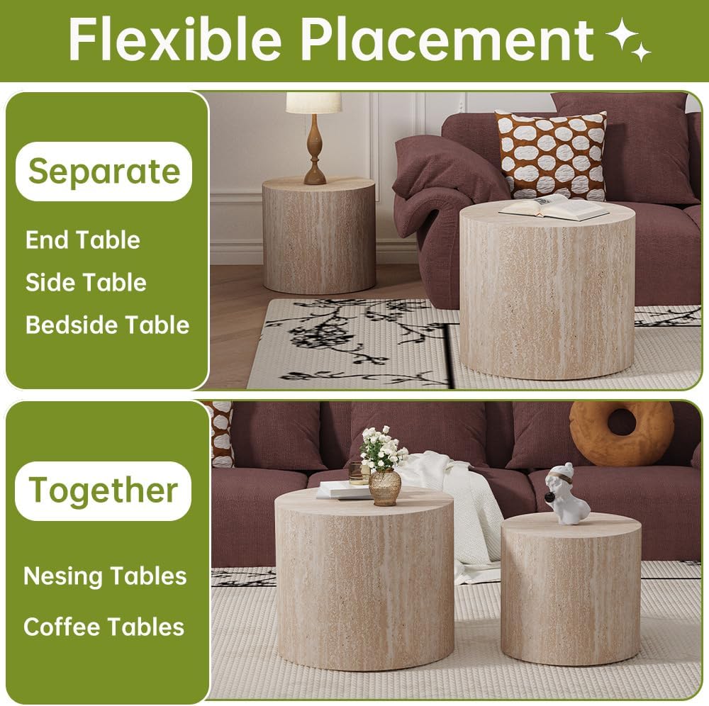 Round Nesting Coffee Table Set of 2 Small Round Coffee Tables for Living Room Modern Fluted Coffee Table Circular End Table Side Table for Small Spaces No Assembly (Travertine, 18 in)