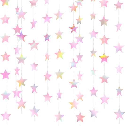 Patelai Glitter Star Garland Banner Decor 130 Feet Star Hanging Bunting Banner Twinkle Backdrop for Homecoming Classroom Wedding Birthday Halloween Christmas Party Supplies(Iridescent Pink)