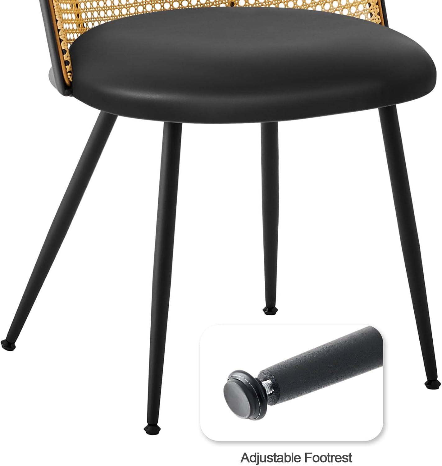 Dining Chairs Set of 2, Mid Century Modern Dining Room Chairs with Full Rattan Back, Faux Leather Kitchen Dining Chairs Farmhouse Armless Mesh Cane Back Side Chairs with Metal Legs, Black